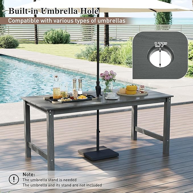 Tangkula 3 Pieces Outdoor HDPE Dining Table Set with 2 Benches, Weather Resistant Patio Furniture Set with 1.77” Umbrella Hole and Wood-Like Surface for Garden, Backyard and Poolside (Gray, 3 Pcs)