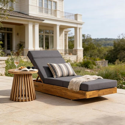 Modern Acacia Wood Outdoor Chaise Lounge with Leaf Coconut Water-Repellent Cushion & Integrated Headrest, Adjustable & Foldable Design for Patio, Poolside, Garden
