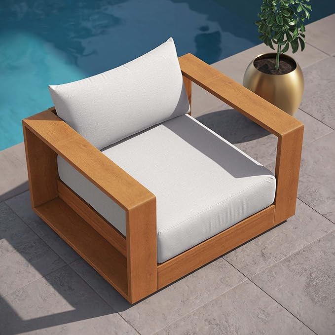 Modway Tahoe Acacia Wood Outdoor Patio Chair in Natural Light Gray with Weather-Resistant Cushions - Ideal as Club - Photo 8