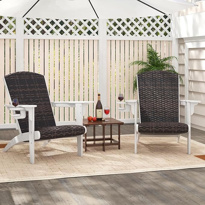 Tangkula Patio Wicker Adirondack Chair, HDPE Lounge Chair w/Rattan Padded Seat & Back, Wide Armrests & Hidden Cupholder, Outdoor All-Weather Adirondack Fire Pit Chair for Backyard, Lawn (2, White)