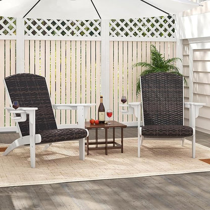 Tangkula Patio Wicker Adirondack Chair, HDPE Lounge Chair w/Rattan Padded Seat & Back, Wide Armrests & Hidden Cupholder, Outdoor All-Weather Adirondack Fire Pit Chair for Backyard, Lawn (2, White)