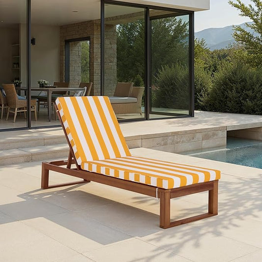 SAFAVIEH Outdoor Patio Furniture Collection - Sophie Natural Brown Solid Wood Chaise Lounge Chair, Adjustable Reclining, Yellow Stripe Cushion (PAT7101Y)