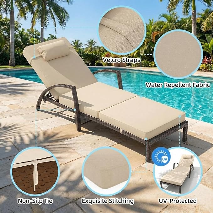 GarveeHome Outdoor Chaise Lounge Set of 2, Weather-Resistant PE Rattan Recliners with 5 Adjustable Positions, Wheels - Photo 3