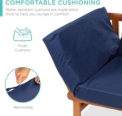 Best Choice Products Outdoor Convertible Acacia Wood Futon Sofa Furniture for Patio, Balcony, Poolside, Backyard w/Pullout Tray, Removable Weather-Resistant Cushion & 4 Pillows - Navy Blue