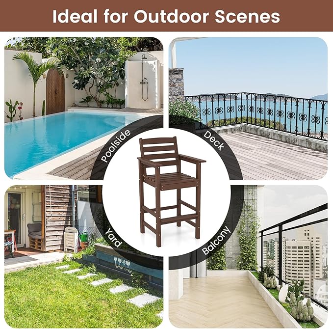 Giantex 29” Bar Stools Set of 2, HDPE Barstools w/Back, Armrests & Footrests, Max Load 330Lbs, Counter Height Bar Stools, Adirondack Chair for Patio Balcony Outdoor Bistro Set, Brown