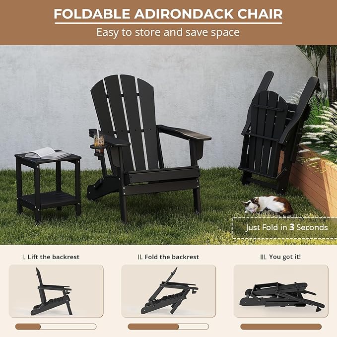 BRIOPAWS Folding-Adirondack-Chairs Set of 4 | HDPE Plastic | Fire Pit Chair | Cup Holder | Curved Back | All Weather | for Outdoor Backyard Deck Patio | Black