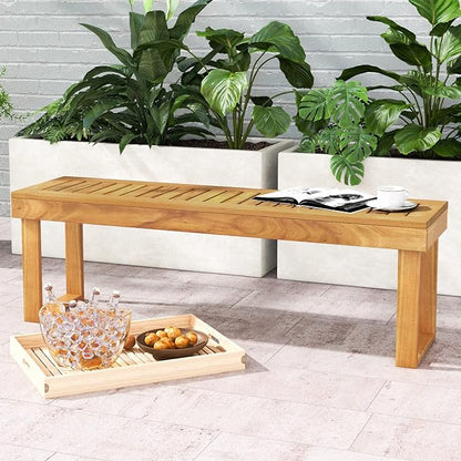 COSTWAY 52” Outdoor Narrow Bench, Backless Acacia Wood Bench for Patio, Park, Garden & Front Porch