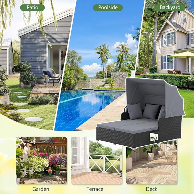 ORALNER Outdoor Daybed, 2-Person Wicker Patio Sofa with Retractable Canopy, Cushions & Pillows, 2 Side Trays - Photo 7