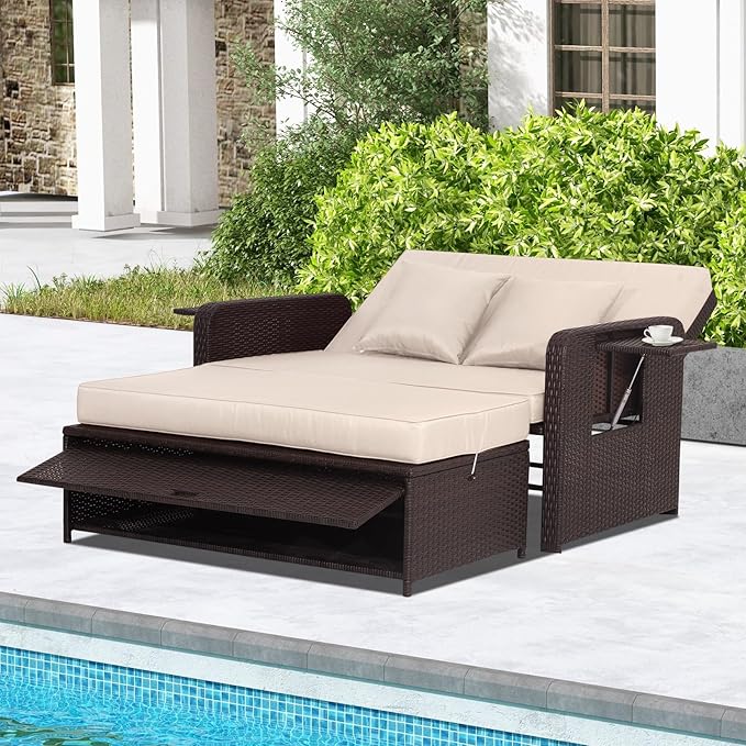 Nightcore Wicker Patio Outdoor Daybed, Outdoor Chaise Lounger w/ 4-Level Adjustable Backrest, Retractable Side Trays - Photo 1