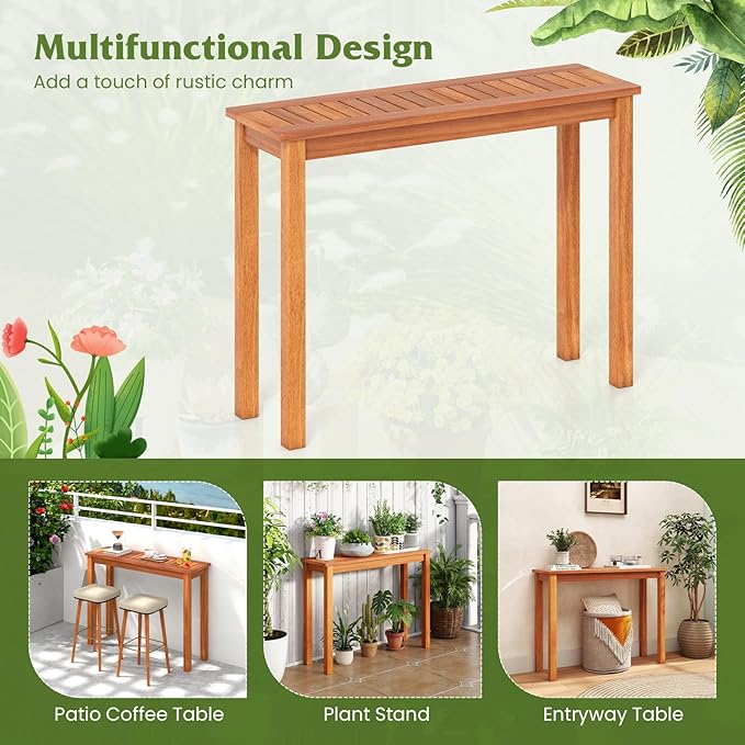 Tangkula Narrow Outdoor Dining Table, Solid Wood Furniture Patio Console Table with Slatted Tabletop - Photo 8