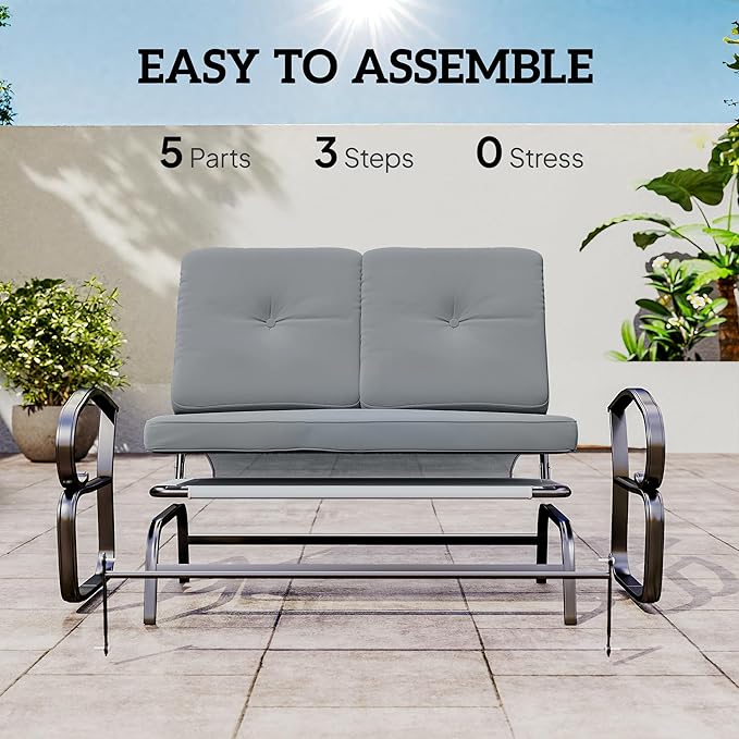 Outsunny Outdoor Glider Bench, 2-Person Patio Rocker Loveseat with Tufted Cushions, Steel Frame for Porch, Garden Backyard, Gray