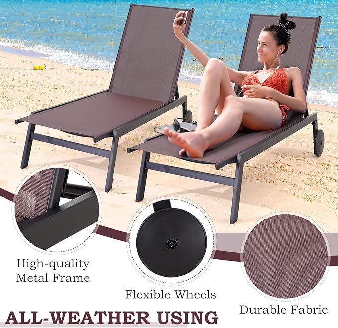 EROMMY Patio Chaise Lounge Chair Set of 2 with Wheels, Outdoor Lounge Chairs with Adjustable Backrest - Photo 3