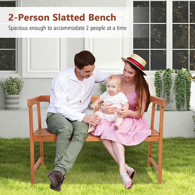 HAPPYGRILL Outdoor Wood Bench 2-Person Patio Wooden Bench with Ergonomic Backrest & Armrests, All-Weather Eucalyptus Wood Frame, Loveseat Outside Bench for Garden Balcony Poolside Porch Deck