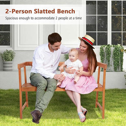HAPPYGRILL Outdoor Wood Bench 2-Person Patio Wooden Bench with Ergonomic Backrest & Armrests, All-Weather Eucalyptus Wood Frame, Loveseat Outside Bench for Garden Balcony Poolside Porch Deck