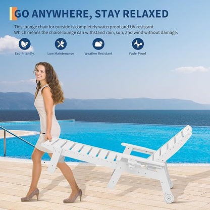 HDPE 5-Position Outdoor Chaise Lounge Chair with Cup Holder and Wheels Set of 2, Resin Pool Lounge Chair for Outside, Adjustable HDPE Patio Loungers for Poolside, Patio, and Garden, White