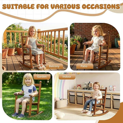 Outvita Kids Rocking Chair, Ergonomic Sturdy Toddler Rocking Chair with High Backrest & Rounded Armrests, Safe Solid Wood Baby Rocker Chair for Age 3-6, Outdoor, Living Room, Reading Room(Brown)