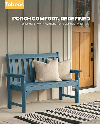 2-Person Outdoor Garden Bench, HDPE All-Weather Patio Bench with Backrest & Armrests, Heavy Duty Outdoor Seating for Porch, Backyard & Park, 660 lbs (Navy Blue, 1 Bench)
