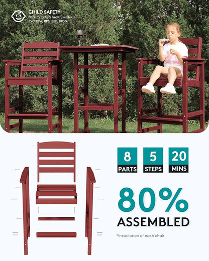 SERWALL Tall Adirondack Chairs Set of 2, Balcony Adirondack Chairs Set, Outdoor Bar Height Barstools Chair Set for Bistro, Poolside, Garden, Dark Red