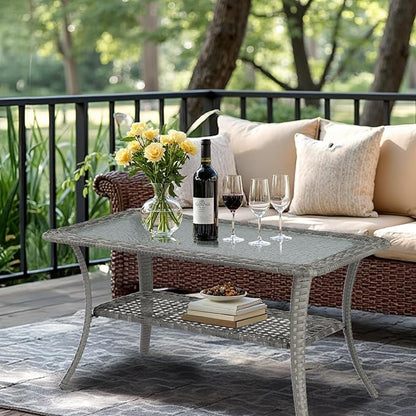 VINGLI Outdoor Coffee Table with Storage Wicker Patio Coffee Table, Tempered Glass Top Coffee Table for Patio Outside Balcony Porch Deck (Grey)