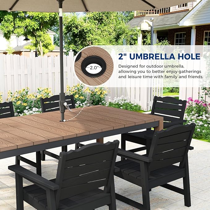 Outdoor Dining Table, Weatherproof 63" Rectangle HIPS Patio Dining Table for 6, with 2" Umbrella Hole, Outdoor Table for Backyard Deck Poolside, Teak