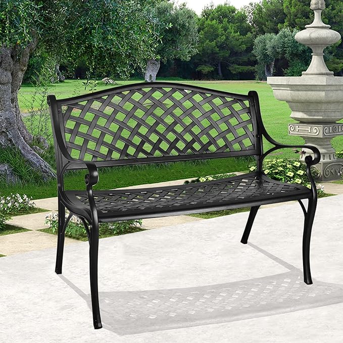 Grepatio Outdoor Patio Garden Bench All-Weather Cast Aluminum Loveseats Park Yard Furniture Porch Chair Work Entryway Decor w/Checkered Design(Black)