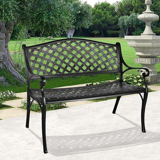 Grepatio Outdoor Patio Garden Bench All-Weather Cast Aluminum Loveseats Park Yard Furniture Porch Chair Work Entryway Decor w/Checkered Design(Black)