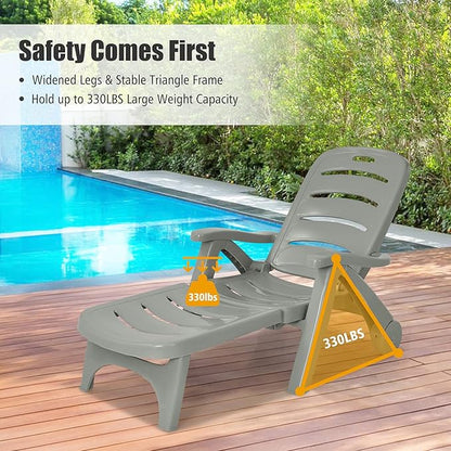 Moccha Folding Chaise Lounge Chair - Plastic Patio Lounger w/ 2 Rolling Wheels, 5-Adjustable Positions, Armrests, Outdoor Lounge Recliner for Poolside Yard Garden Sunbathing Beach Chair (2, Grey)