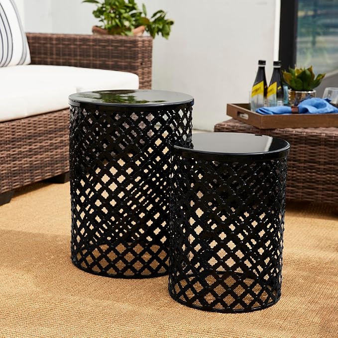 Glitzhome Outdoor Side Table Set of 2, Decorative Garden Stool for Patio Heavy Duty Metal Frame Modern Accent Table, Black