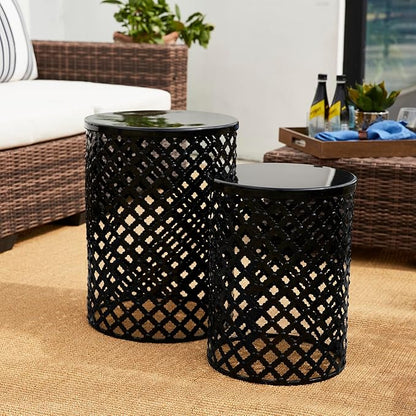 Glitzhome Outdoor Side Table Set of 2, Decorative Garden Stool for Patio Heavy Duty Metal Frame Modern Accent Table, Black