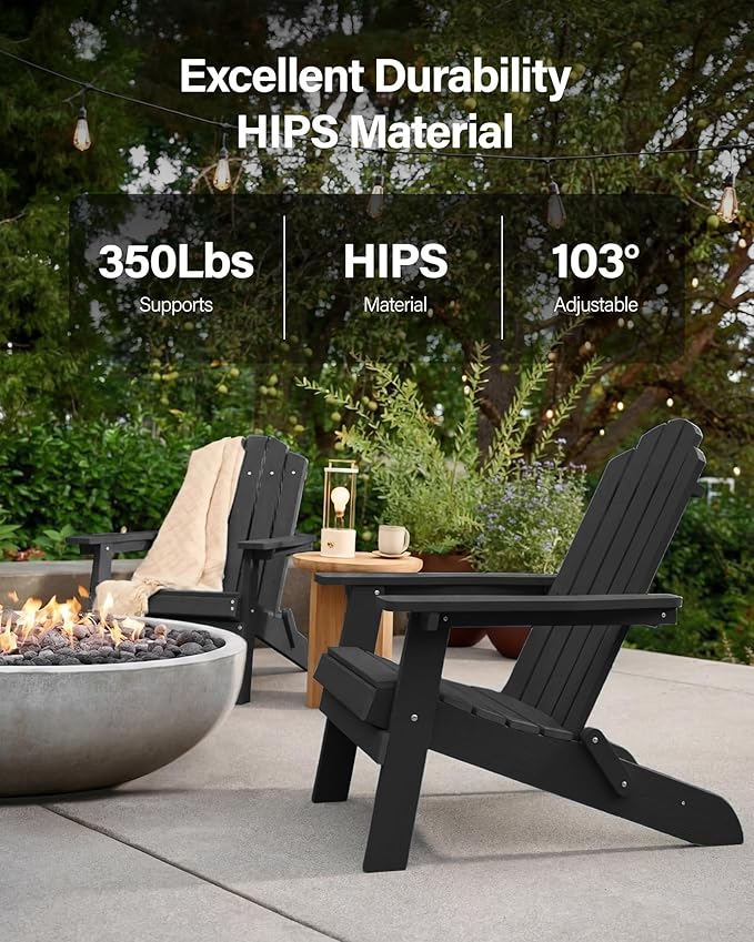 MXIMU Folding Adirondack Chair for Outdoor: Easy to Assemble and Comfortable Adirondack Chairs Set of 8 - All Weather Composite Plastic Chair for Outside Fire Pit Patio Lawn Garden Backyard Use(Black)