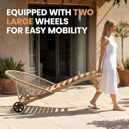 Patio Chaise Lounge Chair with Wheels, Outdoor Lounge Chairs with Thick Cushions, Patio Chaise Lounger Outdoor Handwoven Rope Armrests, Wicker Chairs for Outside, Poolside, Deck, Grey