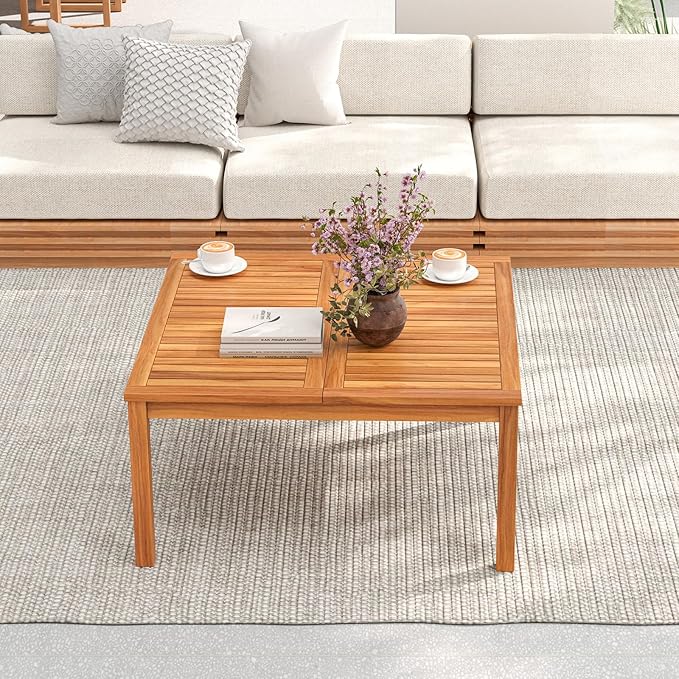HAPPYGRILL Outdoor Coffee Table Acacia Wood Patio Table with Slatted Tabletop, Square Coffee Table for Outside Balcony, Garden & Poolside, Natural
