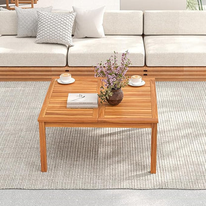 HAPPYGRILL Outdoor Coffee Table Acacia Wood Patio Table with Slatted Tabletop, Square Coffee Table for Outside Balcony, Garden & Poolside, Natural
