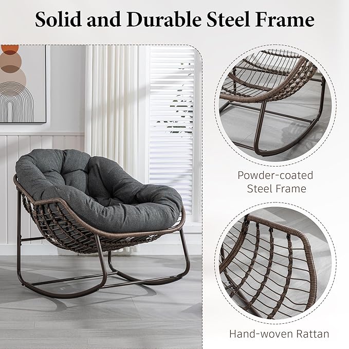 Large Indoor Outdoor Rocking Chair, Oversized Rocking Papasan Chair with Thick Cushion and Frame Outdoor Rocker, Comfy Wicker Egg Chairs Lounge for Outside Porch Patio Backyard (Dark Grey, Set of 2)