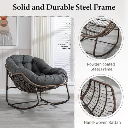 Large Indoor Outdoor Rocking Chair, Oversized Rocking Papasan Chair with Thick Cushion and Frame Outdoor Rocker, Comfy Wicker Egg Chairs Lounge for Outside Porch Patio Backyard (Dark Grey, Set of 2)