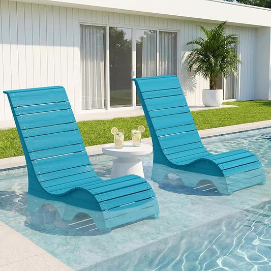 Pool Lounge Chairs Set of 2 for Baja Shelf, Ergonomic S-Contour Pool Lounger for Ultimate Comfort, HDPS Non-Absorbent Material Pool Chairs with Unique M-Shape Base Anti-Float for Patio, Blue