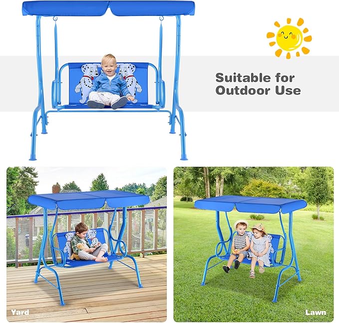 KOTEK Kids Patio Swing, 2-Seater Outdoor Hanging Bench with Adjustable Canopy, Safety Belt & Curved Armrest, Kids Swing Chair with Stand for Backyard, Garden, Lawn, Porch (Blue Puppy)