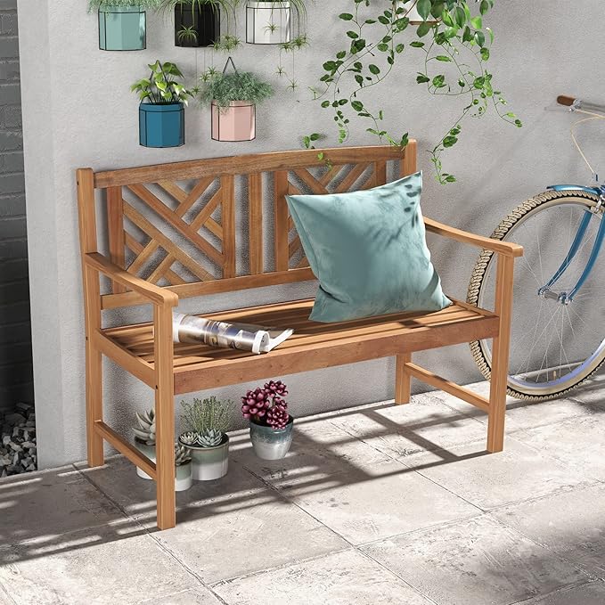COSTWAY Outdoor Wooden Bench, Outdoor Acacia Wood Loveseat with Curved Armrest & Backrest, Sturdy Wood Bench for Garden - Photo 7