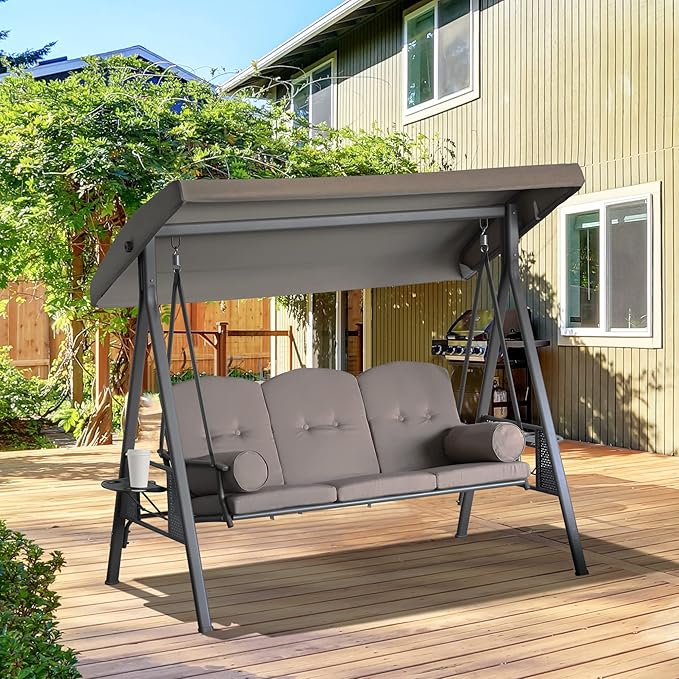 Outsunny 3-Seat Patio Swing Chair, Outdoor Porch Swing Glider with Adjustable Canopy, Removable Cushion - Photo 2