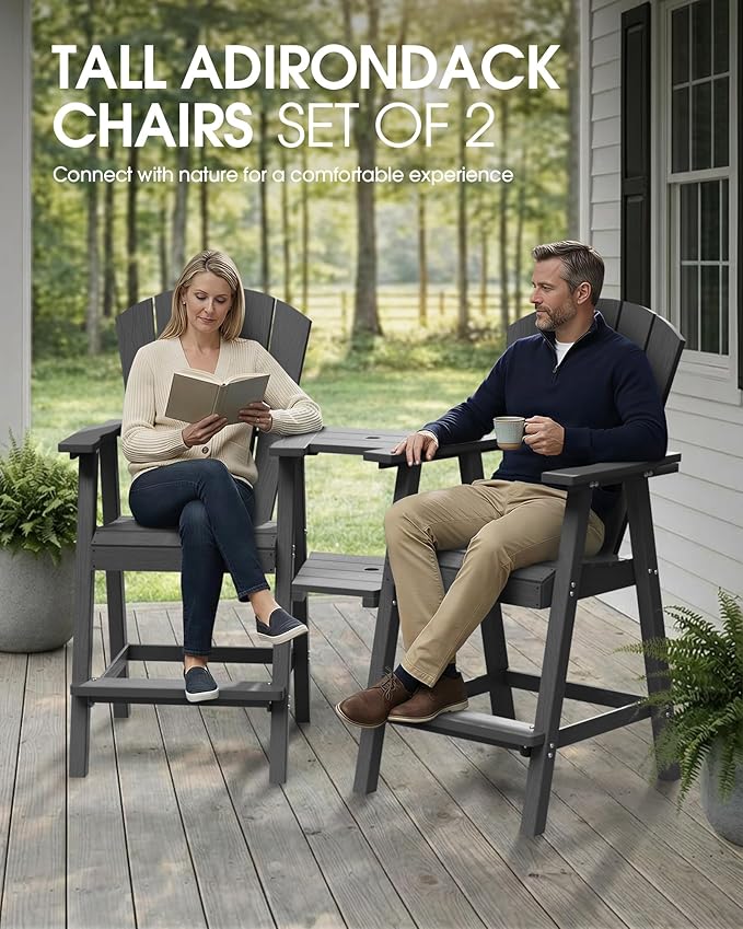 Tall Adirondack Chairs Set of 4, HDPE High Adirondack Chairs with Double Removable Trays, All Weather Outdoor Barstools for Patio, Balcony, Backyard, Deck and Garden, Darkgrey