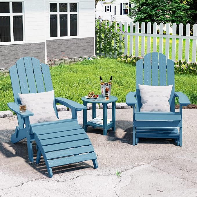 MXIMU Folding Adirondack Ottoman Set of 2: HIPS Plastic Outdoor Footrest Easy Assembly - All Weather Foot Rest Foot Stool for Adirondack Chair Use in Patio Garden Backyard Pool (Blue)