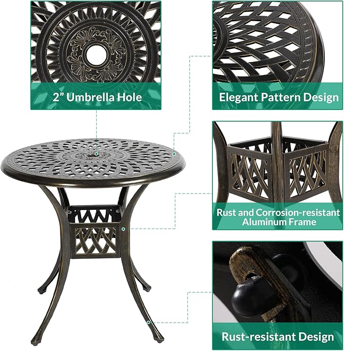 VIVIJASON 31" Patio Bistro Table Outdoor Dining Round Table Bronze Cast Aluminum Table with Umbrella Hole