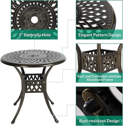 VIVIJASON 31" Patio Bistro Table Outdoor Dining Round Table Bronze Cast Aluminum Table with Umbrella Hole