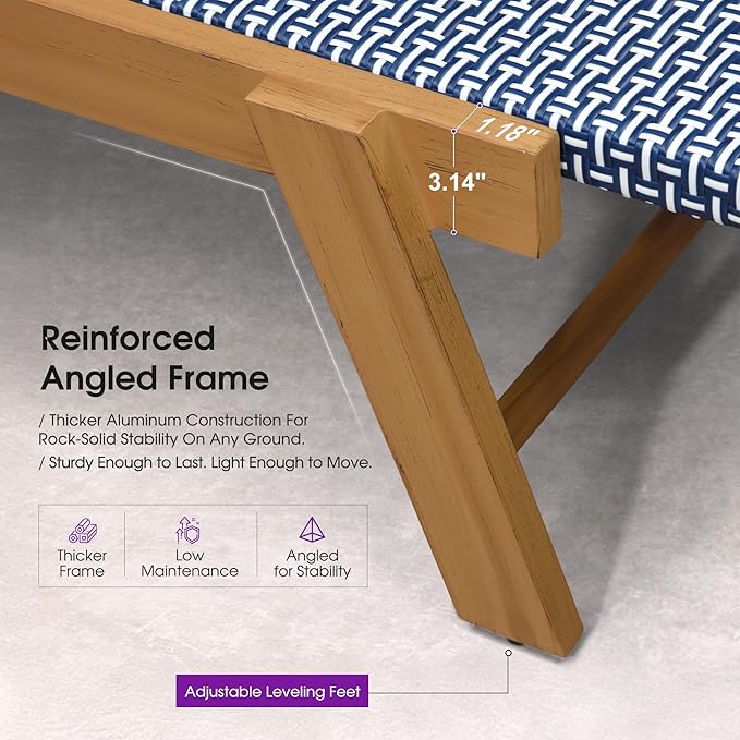PURPLE LEAF Extra Large Patio Chaise Lounge 2 Pieces French Outdoor Wicker Lounger Matte Teak Aluminum Frame 771LBS Capacity PE Rattan Adjustable Backrest for Pool Garden Beach Backyard Navy