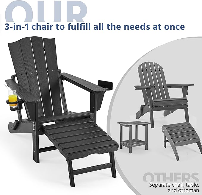 Yaheetech Adirondack Chair with Retractable Ottoman, All Weather Patio Folding Fire Pit Chair with Cup Holder and Phone Holder for Outdoor Poolside, Black, 4 pcs