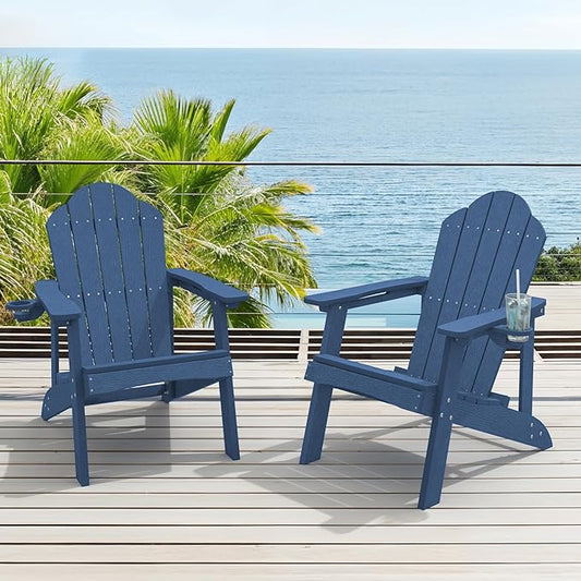 HDPE Adirondack Chairs Set of 2, Weather Resistant Outdoor Seating with Hidden Cup Holder for Porch, Poolside, Deck & Lake House, Blue