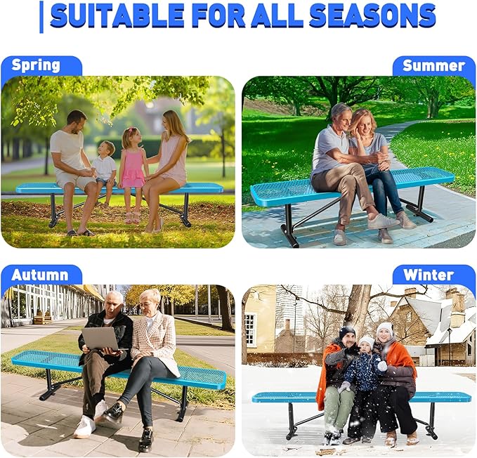 Thermoplastic Coated Iron Park Bench for Outside, Heavy Duty Metal Garden Bench, Expanded Commercial Grade Seating for Shopping Malls, Lawn Yard Porch Entryway (Blue without Backrest, 96IN)