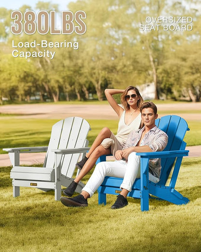 Folding Adirondack Chair, Patio Chair Wood Texture, Outdoor Chair Weather Resistant, Fire Pit Chair with Cup Holder, Composite Adirondack Chair Set of 2-(Pacific Blue)