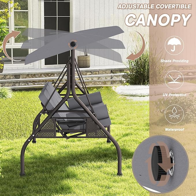 3 Seat Outdoor Porch Swing Chair, Adjustable Canopy Swing Bench, Convertible Backrest Swing Bed with Thicken Cushions - Photo 7