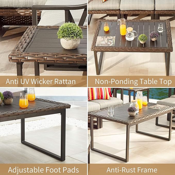 PatioFestival Wicker Patio Coffee Table Side Patio Bistro Table Metal Rattan Furniture with All Weather Steel Frame